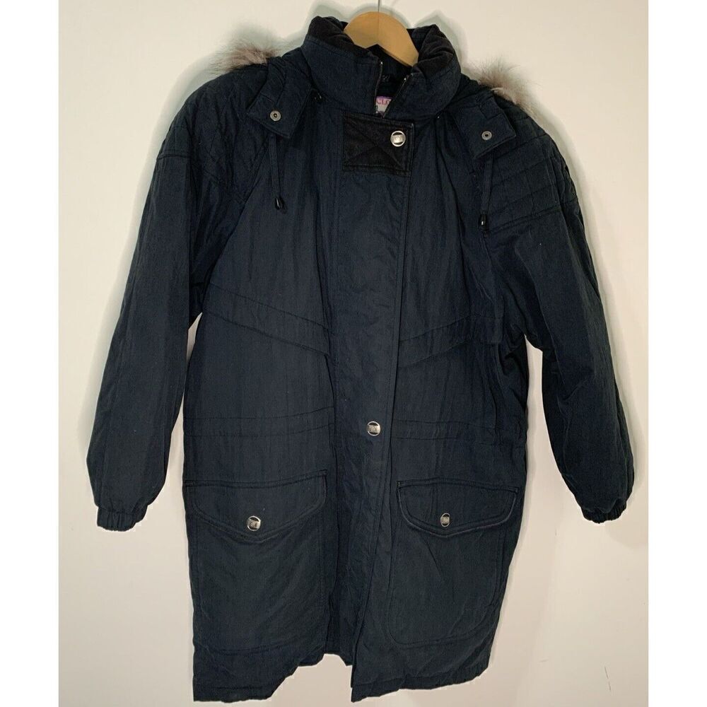 CYCLONE Vintage 90s Women's M Zipper Snap Front Closure Black Coat Faux Fur Trim
